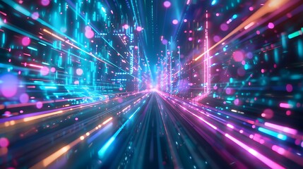 Obraz premium A digital data tunnel with vibrant colors and glowing lines, illustrating futuristic technology and information flow.