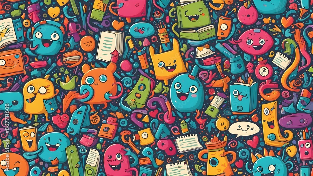 Aufkleber a colorful and whimsical background with various cartoon characters and objects