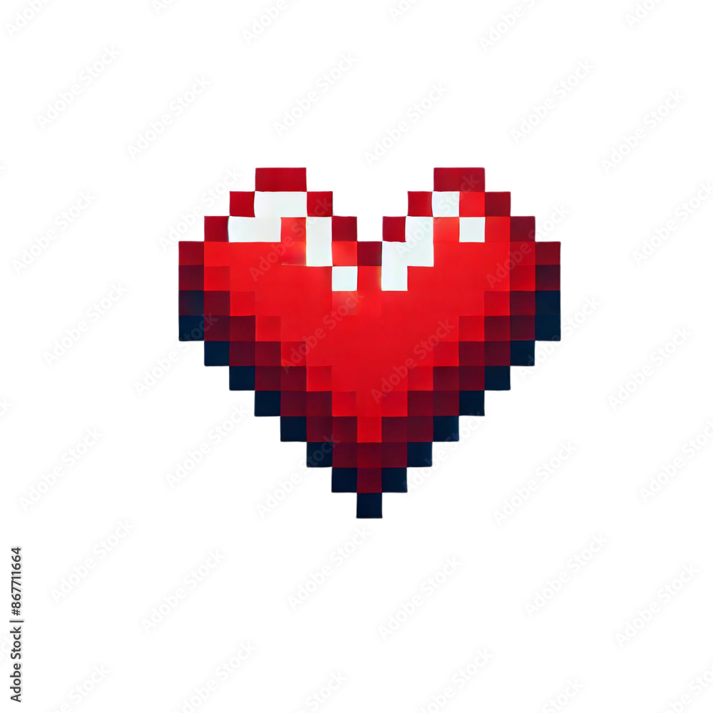 Poster a red pixelated heart on a transparent background. the heart is designed in a classic 8-bit style, w