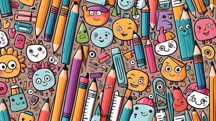 Obraz premium A colorful drawing of pencils and other school supplies with many smiling faces