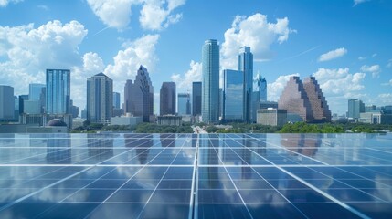 Solar panels installed on a modern urban building roof, with a city skyline in the background, symbolizing renewable energy