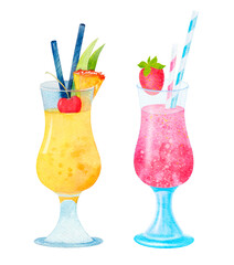 Set of two glamorous summer tropical cocktails, watercolor illustration.