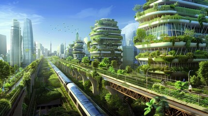 A panoramic view of a sustainable city with green buildings, rooftop gardens, and extensive public transportation networks
