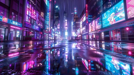A vibrant city street at night, illuminated by neon lights reflecting off the wet pavement in the rain.