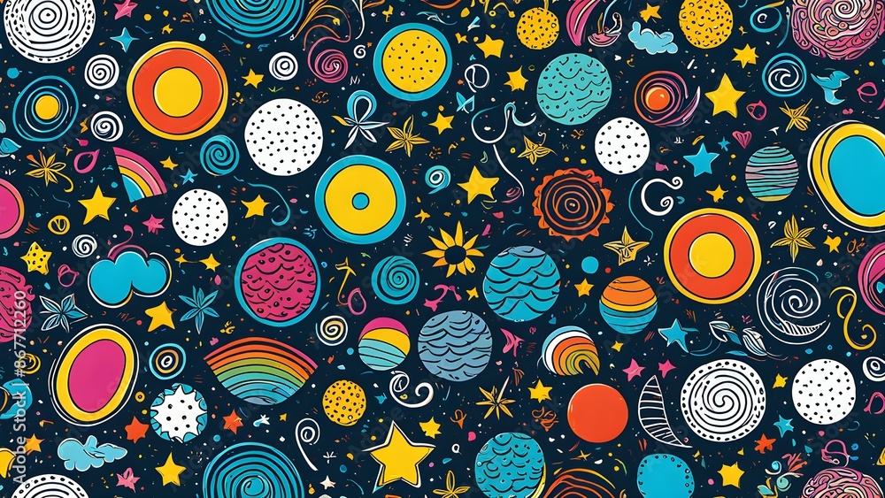 Poster a colorful and whimsical space scene with many different shapes and colors