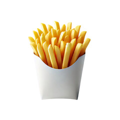 A serving of French fries in a white paper container, placed on a transparent background