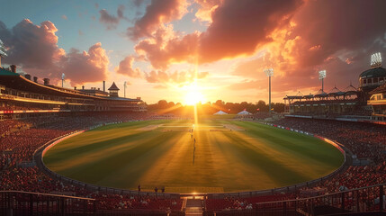 A full stadium top view at sunset and cloudy sky
