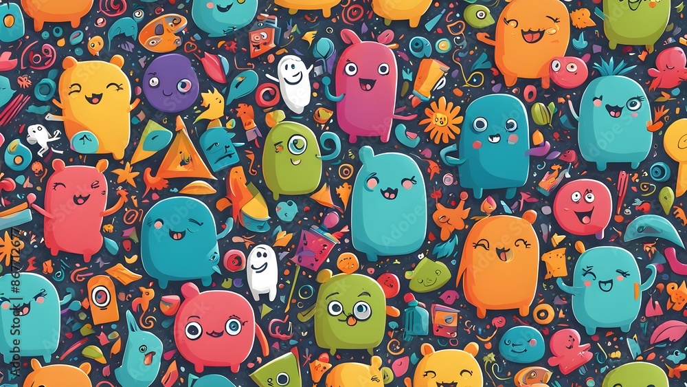 Poster a colorful cartoon of many different characters with smiling faces