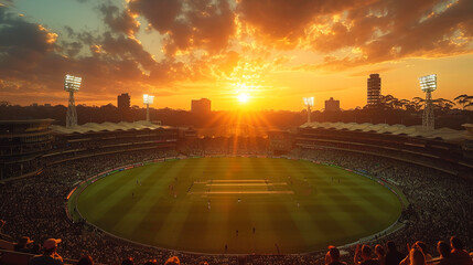 A full stadium top view at sunset and cloudy sky
