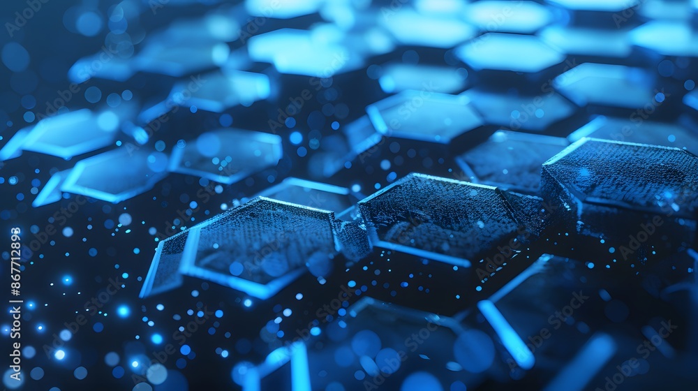 Poster close-up of blue hexagonal tiles creating a textured, geometric pattern, symbolizing technology and 