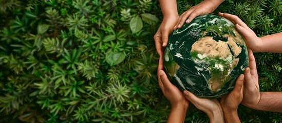 A photo of different hands holding the planet Earth on a green background, symbolizing global environmentalism and social pride for Earth Day.