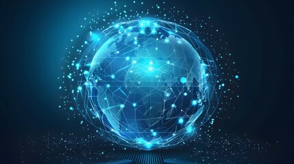 Obraz premium A digital representation of Earth with glowing blue network lines, illustrating global connectivity and advanced technology.