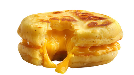  An appetizing cheese arepa, cut open to reveal melted cheese oozing out, on a transparent background