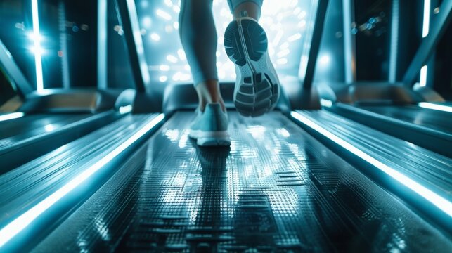 A close-up photo of a runners feet on a treadmill, illuminated by bright neon lights