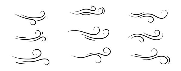 Doodle wind line sketch set. Hand drawn doodle wind, air blow, swirl elements. Sketch drawn air blow motion, smoke flow art, abstract line. Vector illustration. Isolated on white background in eps 10.