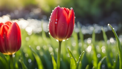 Fototapeta premium A red flower with dew drops on it is in a field of green grass