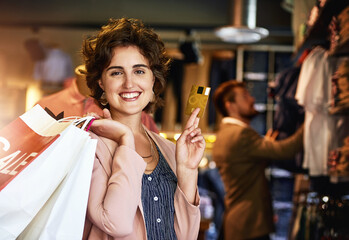 Credit card, shopping and portrait of woman with bag for sale, discount and bargain in retail store. Fashion, happy customer and person with promotion for payment, products deal and purchase in mall