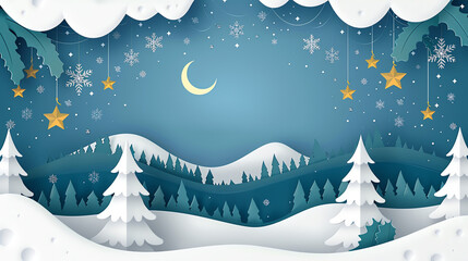Obraz premium Paper cut style winter landscape with snowy mountains, trees, and stars for a festive holiday greeting.