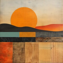 Minimalist abstract landscape painting depicting a large sun setting behind hills, using a variety of textures and geometric shapes