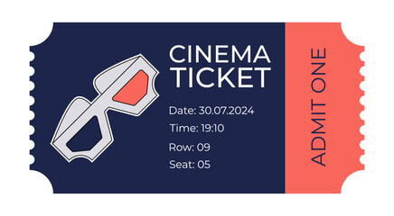 Retro cinema ticket with hand drawing 3d glasses groovy mascot element. Movie entrance coupon template illustration. Vector