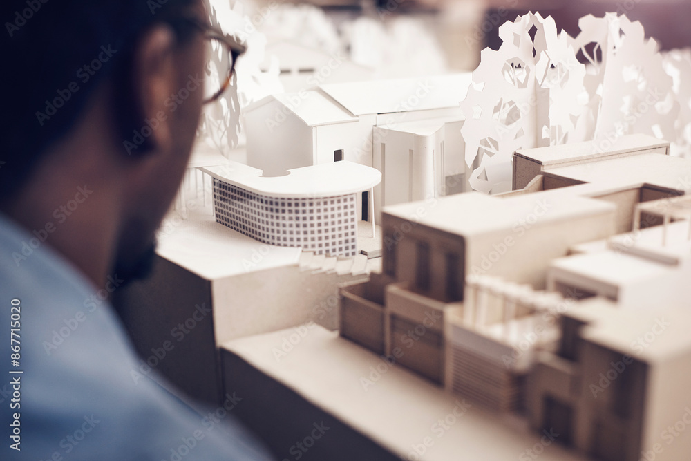 Poster Architect, office and man with 3d model of building for suburb development, design and planning. Contractor, back and person with prototype of property for infrastructure, idea or brainstorming