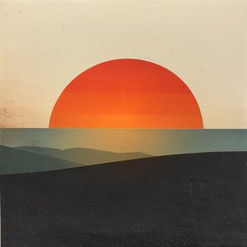 Serene abstract landscape with an oversized sun, blending warm orange, red, and yellow tones against cool blues, grays, and blacks. Perfect for a touch of retro charm in any design project