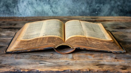 Obraz premium Obraz otwartej, zabytkowej książki leżącej na drewnianym stole.