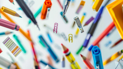 Fototapeta premium Office supplies like pens, pencils, paperclips, and sticky notes in air 