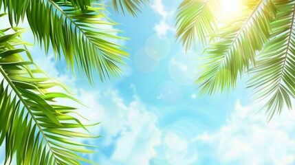 Fototapeta premium palm leaves on blue sky background --ar 16:9 --style raw Job ID: 5f4901f0-b10f-47b2-945e-47f3154b040c