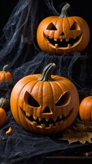 Obraz premium A black background with a group of orange pumpkins with scary faces