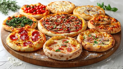 An assortment of different pizzas with various toppings such as pepperoni, mushrooms, green peppers, and fresh basil on a light-colored surface. Perfect for menus or food-related advertising.