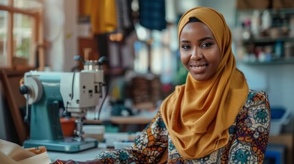 A Muslim woman, wearing a traditional headscarf, smiles confidently in her workshop. A sewing machine is visible in the background, suggesting the woman is a designer or seamstress