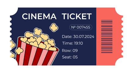 Groovy cinema coupon template. Retro movie ticket, mascot popcorn element 2000s. Vector illustration