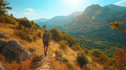 Man hiking through a mountain valley with a backpack and walking sticks.