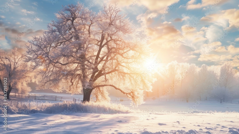 Aufkleber frozen tree in winter background with sun shining from behind
