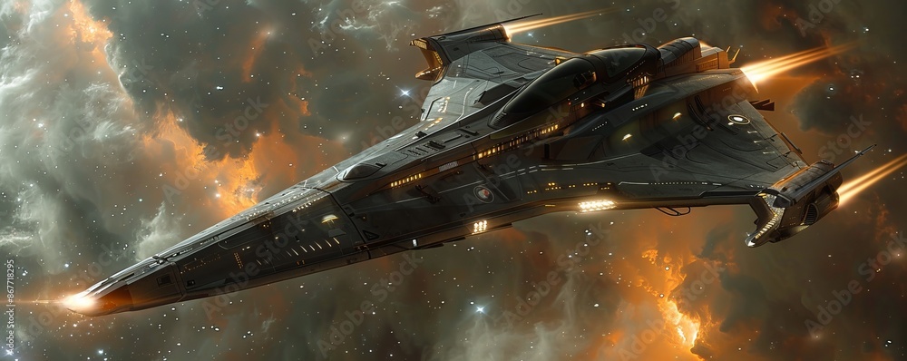 Poster a photorealistic depiction of a sleek spaceship soaring through a nebula, its engines glowing and it