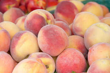 Close up on pile of fresh ripe Alberta Peaches for sale at farmers market. View from above.