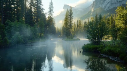 A tranquil campsite by a serene river, with tall trees reflected in the calm water and mist rising in the morning light.