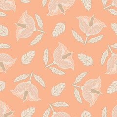 Vintage florals vector seamless pattern background. Scattered flowers and leaves backdrop. Stylized roses or tulips. Hand-drawn pink peach color botanicals for wedding, garden merch, blog, summer
