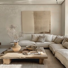 minimalist Japandi interior design, living room with light wood coffee table