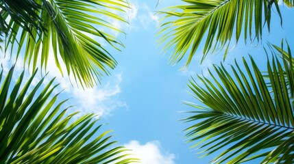 Fototapeta premium palm leaves on blue sky background --ar 16:9 --style raw Job ID: acf16141-758f-4724-9e38-d2c1ecedecf6