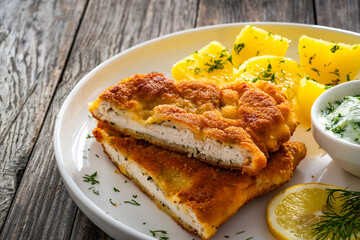 Crispy breaded seared chicken cutlet with boiled potatoes and cucumbers in cream served on white plate on wooden table