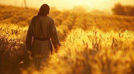 Jesus walking through a field of golden wheat, with the sun setting behind him casting a warm glow