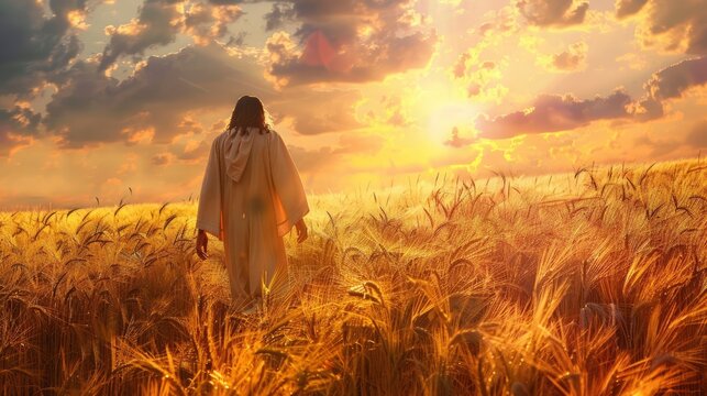 Jesus walking through a field of golden wheat, with the sun setting behind him casting a warm glow
