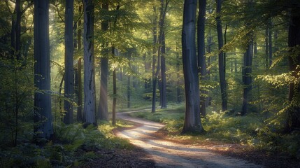 Fototapeta premium A tranquil forest with a winding path leading through tall trees, with sunlight filtering through the leaves.