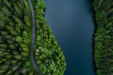 Fototapeta premium Aerial view of a winding road through a lush forest bordering a tranquil lake.