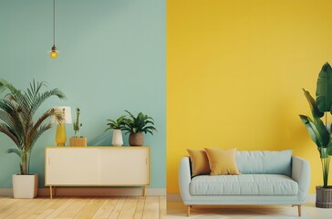 Minimalist living room with a pastel blue sofa and wooden sideboard against a yellow wall