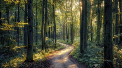 Obraz premium A tranquil forest with a winding path leading through tall trees, with sunlight filtering through the leaves.