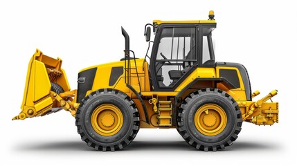 A yellow front wheel loader is isolated on a white background. The loader is facing the left and the bucket is raised up