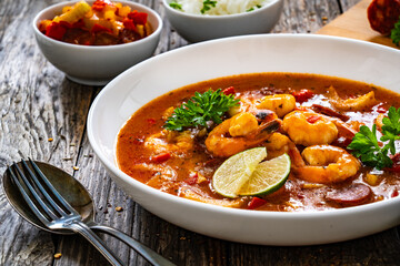 Louisiana soup gumbo with shrimp, chorizo and white rice served in white plate on wooden table
